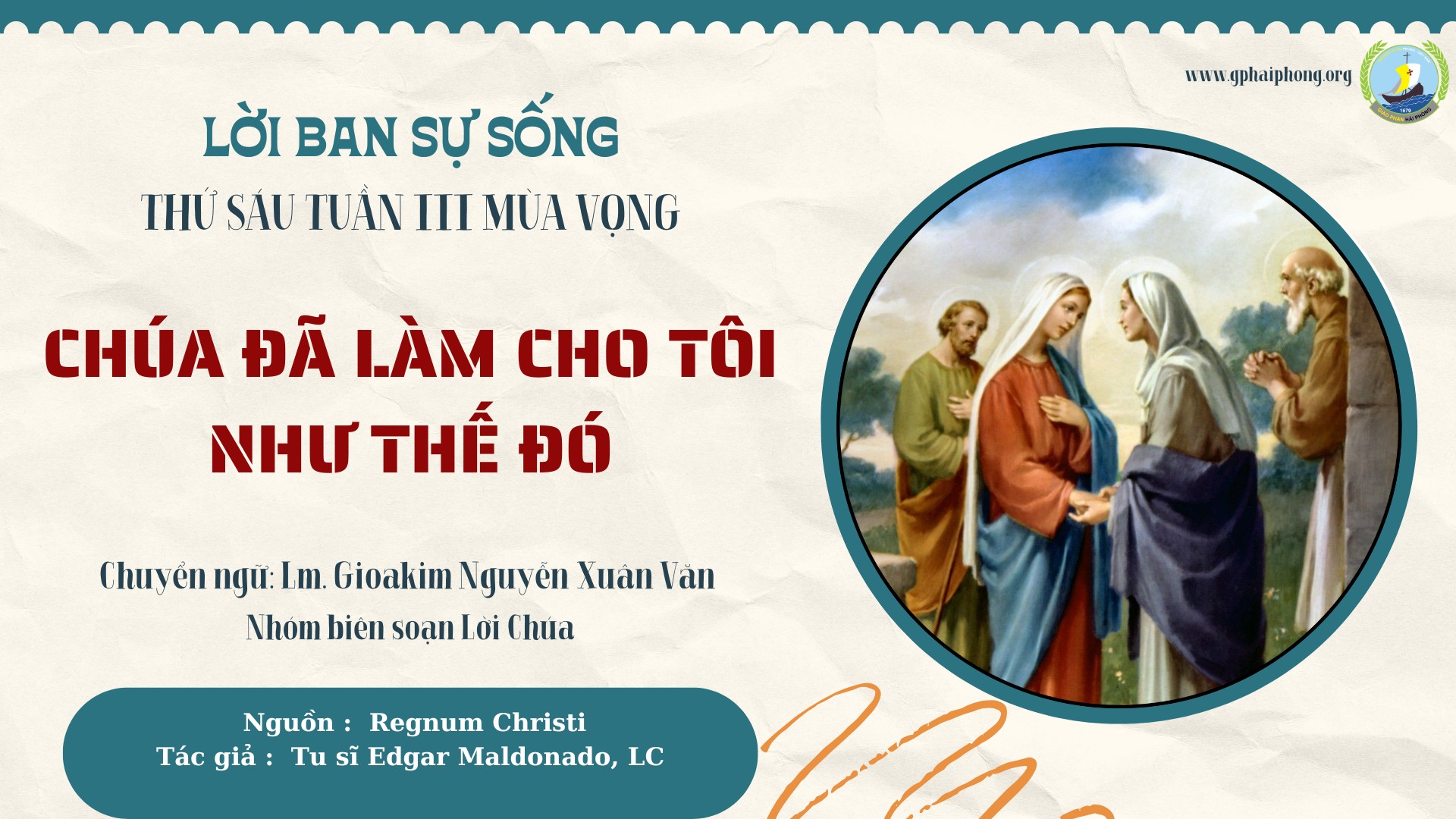 Lời ban Sự sống: Chúa đã làm cho tôi như thế đó_Thứ Sáu ngày 19.12 Tuần Bát nhật trước Giáng Sinh